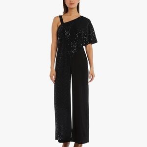 R & M Richards Black Sequin Asymmetrical Jumpsuit
